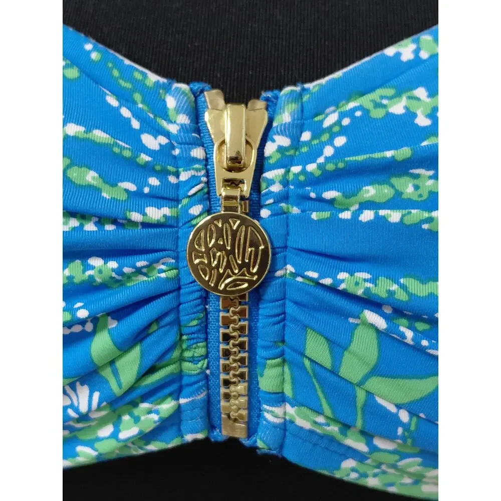 Lilly Pulitzer Script Blue Floral Knit Lined Bandeau Swimwear Women Size 6